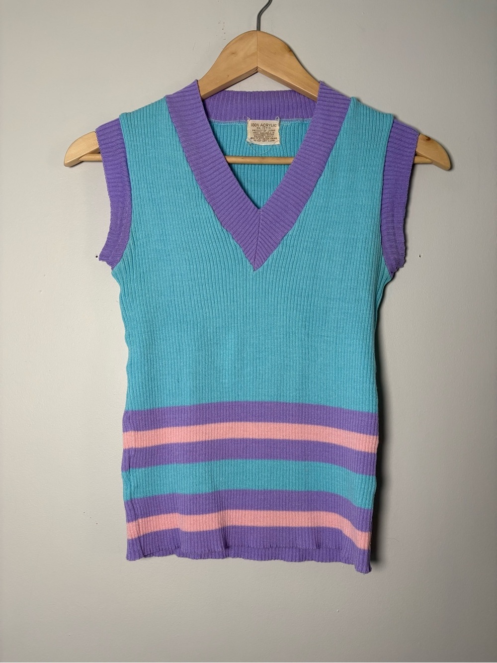 Vintage 80s Colorblock Sweater Vest Top Turquoise Purple Pink Acrylic Knit